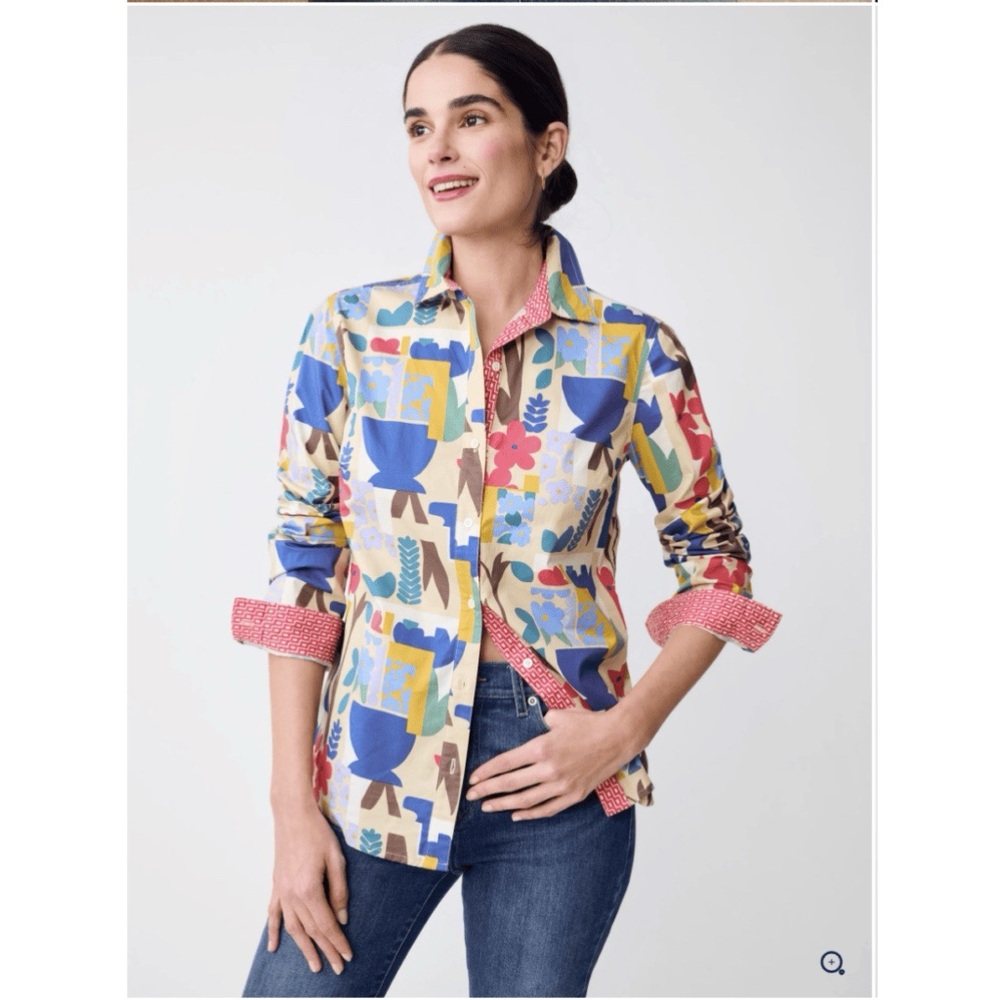 J.Mclaughlin Creme Multicolor Floral Mixed Media Button Down Blouse L Boho Chic